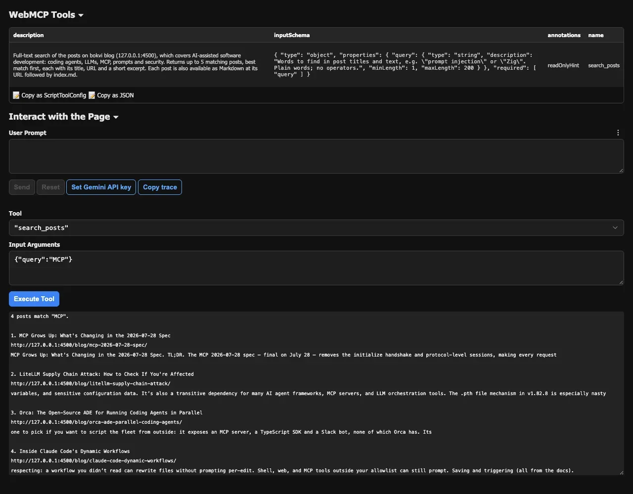 Model Context Tool Inspector panel listing the search_posts tool with its description, input schema and readOnlyHint annotation, then the result of calling it with the query MCP: four matching posts with titles, URLs and excerpts
