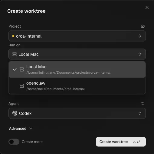 Orca’s Create worktree dialog with a project picker, a Run on menu offering a Local Mac or a remote host called openclaw, and Codex selected as the agent