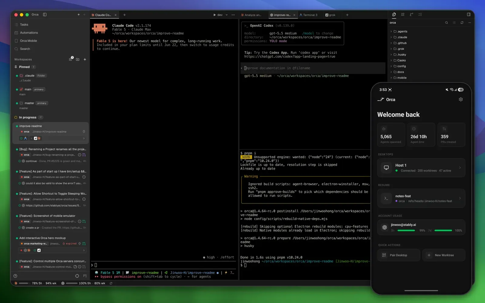 Orca’s desktop app with Claude Code and OpenAI Codex running in two side-by-side terminals, a sidebar of in-progress worktrees on the left, a file tree on the right, and the Orca mobile app overlaid showing 5,065 agents spawned and 359 PRs created