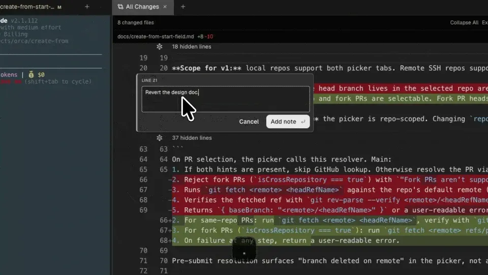 Orca’s diff viewer showing a markdown file with red and green changed lines and an open comment box labelled Line 21 containing the text Revert the design doc, with Cancel and Add note buttons