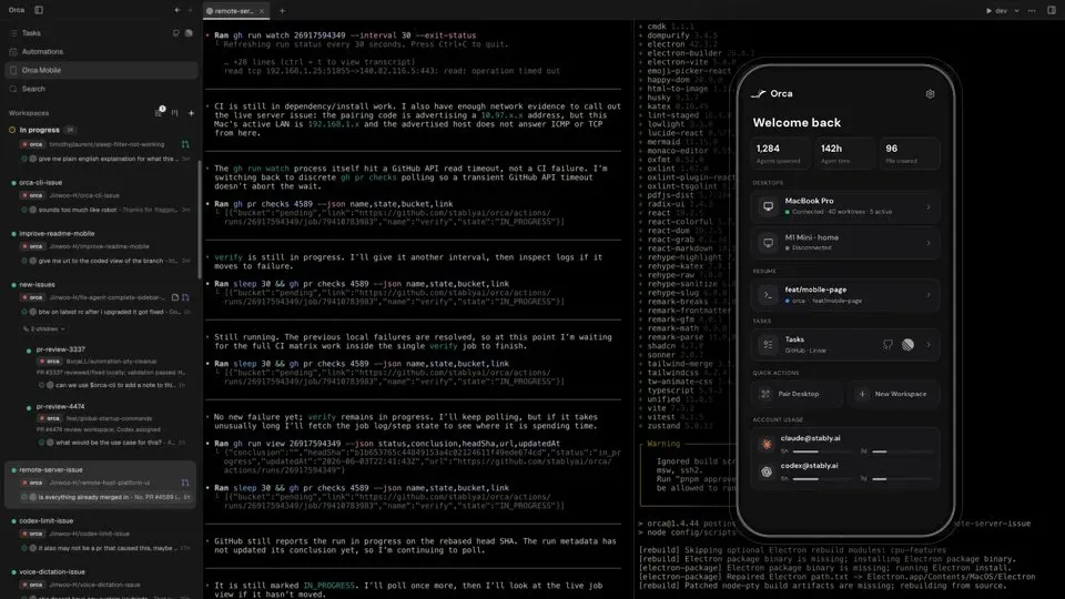 Orca desktop with an agent transcript polling a GitHub Actions run, and the Orca phone app overlaid showing two connected desktops, a resumable worktree, and usage meters for a Claude and a Codex account