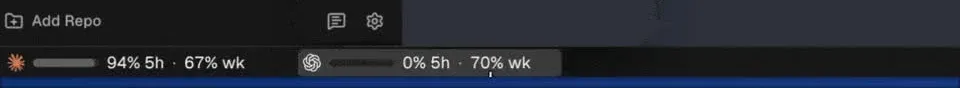 Orca’s status bar with two usage meters, Claude at 94% of its 5-hour window and 67% of its weekly window, and Codex at 0% and 70%