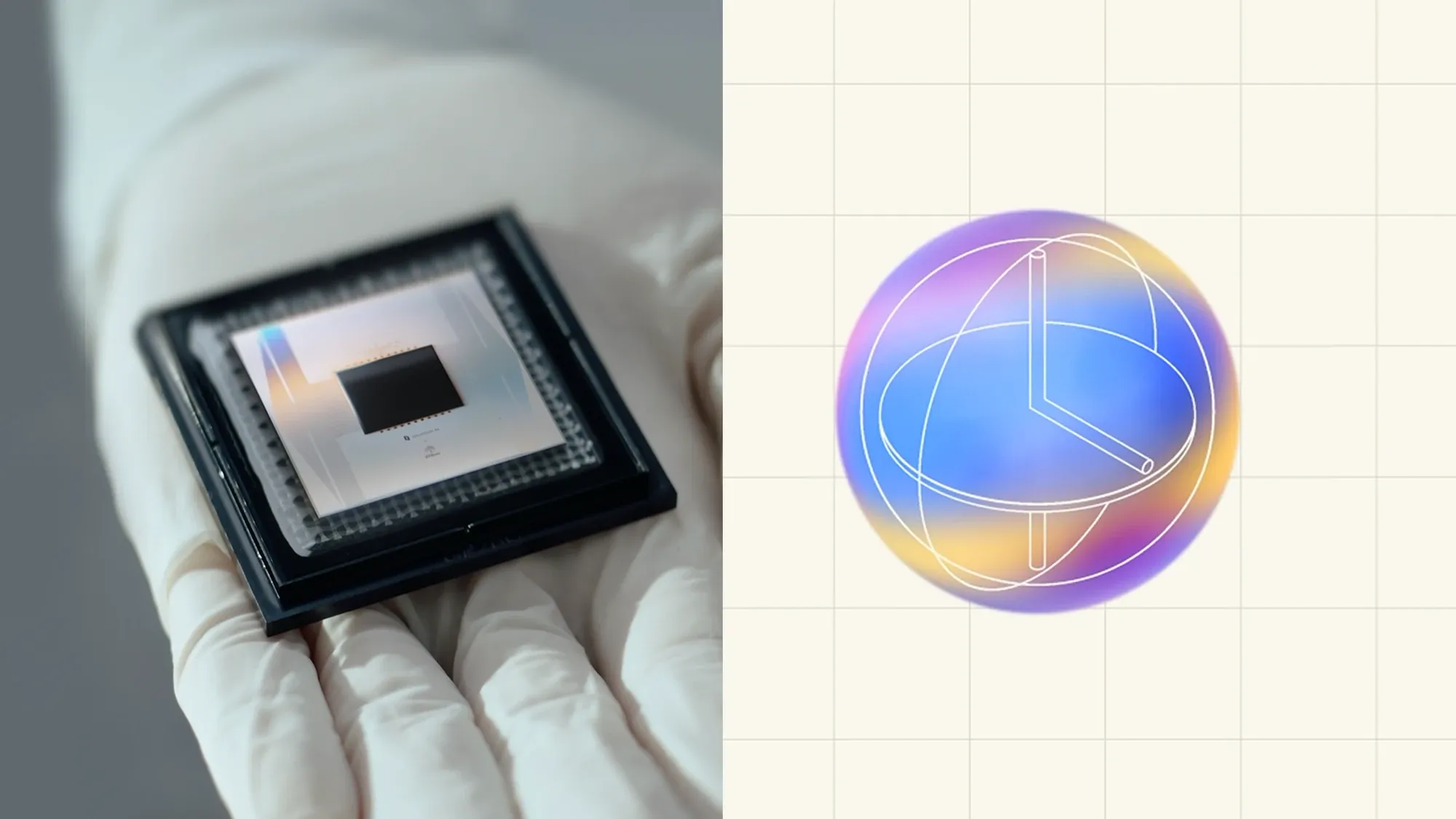 A gloved hand holding Google’s Willow quantum processor in its packaging, next to an illustration of a Bloch sphere with an arrow pointing between its axes
